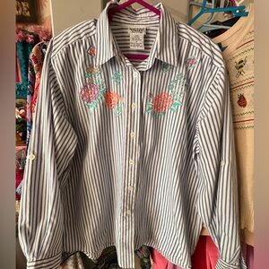 Vintage Striped Floral Embroidered Button-Up Shirt